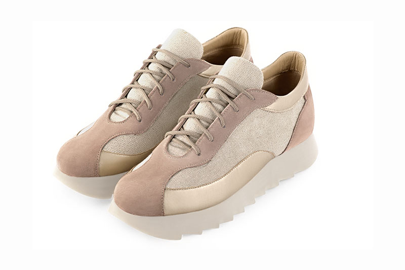 Powder pink and gold women's two-tone elegant sneakers. Round toe. Low rubber soles. Front view - Florence KOOIJMAN